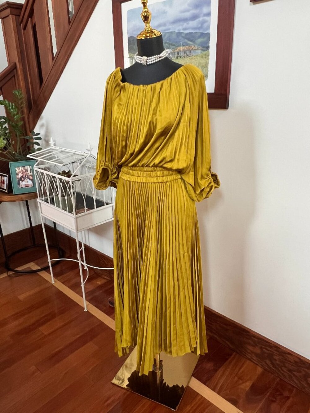 A.L.C. Golden Mustard Pleated Midi Dress